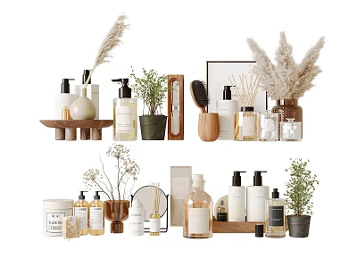Natural Bathroom Accessories with Soap Dispensers Diffusers Brushes Wooden Trays and Potted Plants 3d model