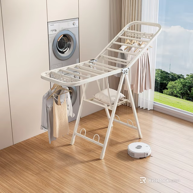 Home Balcony With White Drying Rack Washing Machine Wooden Floor And Green View 3d model 
