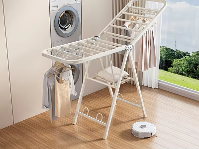 Home Balcony With White Drying Rack Washing Machine Wooden Floor And Green View 3d model