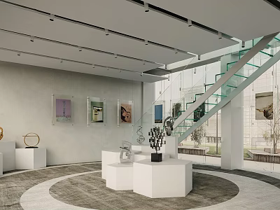 Modern Decorative Items Store With Display Counters Glass Staircase And Art Exhibits 3d model