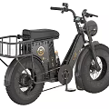 Black Motorcycle With Metal Basket Black Seat Thick Tires Round Headlight And Gold Accents