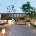 Outdoor Garden Landscape Design With Patio Furniture Sofa Swing Chair Green Plants And Lanterns