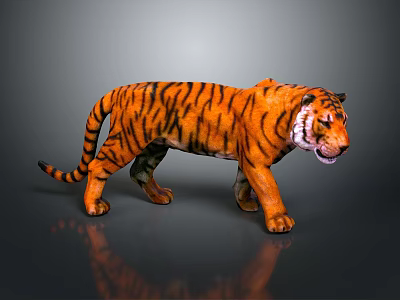 3D Rendered Orange Striped Tiger Walking On Gray Background With Detailed Fur 3d model