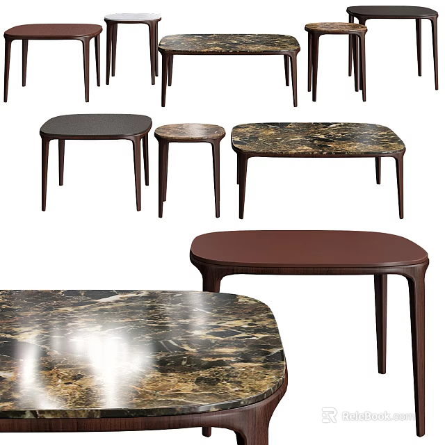 Modern Coffee Tables With Marble Tabletop And Dark Wooden Legs In Various Shapes 3d model 