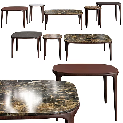 Modern Coffee Tables With Marble Tabletop And Dark Wooden Legs In Various Shapes 3d model