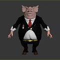 3D Cartoon Pig Head Character In Gray Suit With Red Tie Badge And Claw Hands