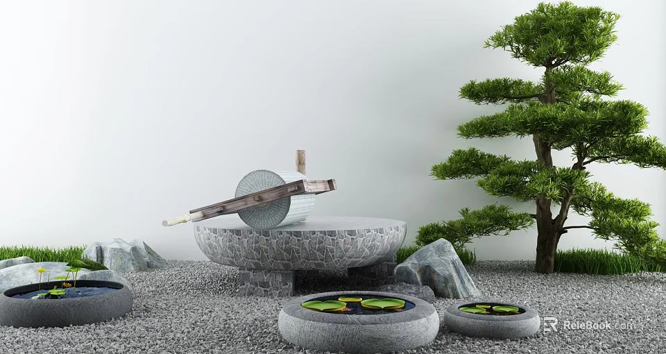 Zen Style Garden Decorative Elements With Stone Basin Bamboo Water Feature Pebble Ground And Pine Tree 3d model 