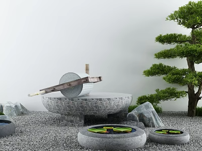 Zen Style Garden Decorative Elements With Stone Basin Bamboo Water Feature Pebble Ground And Pine Tree 3d model