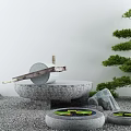 Zen Style Garden Decorative Elements With Stone Basin Bamboo Water Feature Pebble Ground And Pine Tree 3d model
