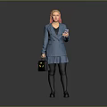 Pink Haired Woman In Blue Plaid Blazer Short Skirt Holding Black Handbag Mobile Phone