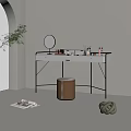 Elegant Modern Dressing Table With White Countertop Gold Frame Round Mirror And Beige Stool 3d model
