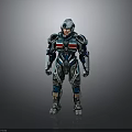 Futuristic SciFi Character In Blue Silver Armor With Red Details Standing Position