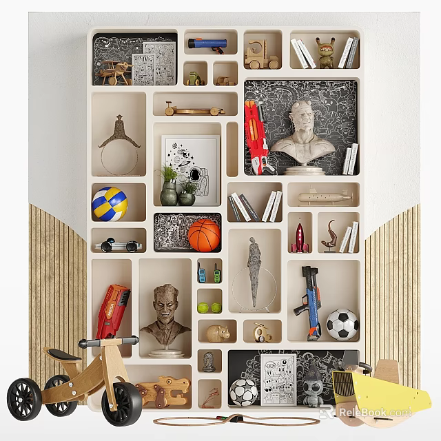 Decorative Display Cabinet With Bust Sculptures Toy Cars Sports Balls Books And Photo Frames 3d model 