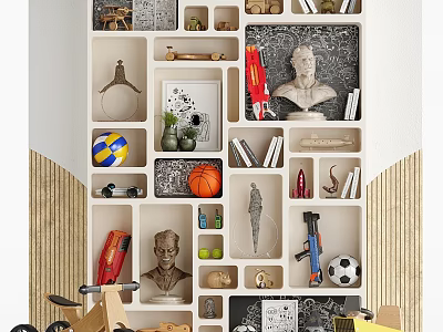 Decorative Display Cabinet With Bust Sculptures Toy Cars Sports Balls Books And Photo Frames 3d model