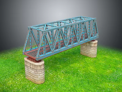 Blue Steel Frame Bridge With Concrete Piers On Green Grass Field 3d model