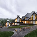 Modern Detached Villas In Mountain Area With Green Lawn And Driveway