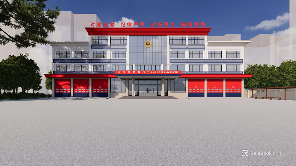 Modern Fire Station Exterior With Red Garage Doors And Multi story Structure Front Plaza Area 3d model 