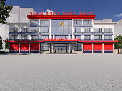 Modern Fire Station Exterior With Red Garage Doors And Multi story Structure Front Plaza Area 3d model