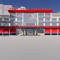 Modern Fire Station Exterior With Red Garage Doors And Multi story Structure Front Plaza Area