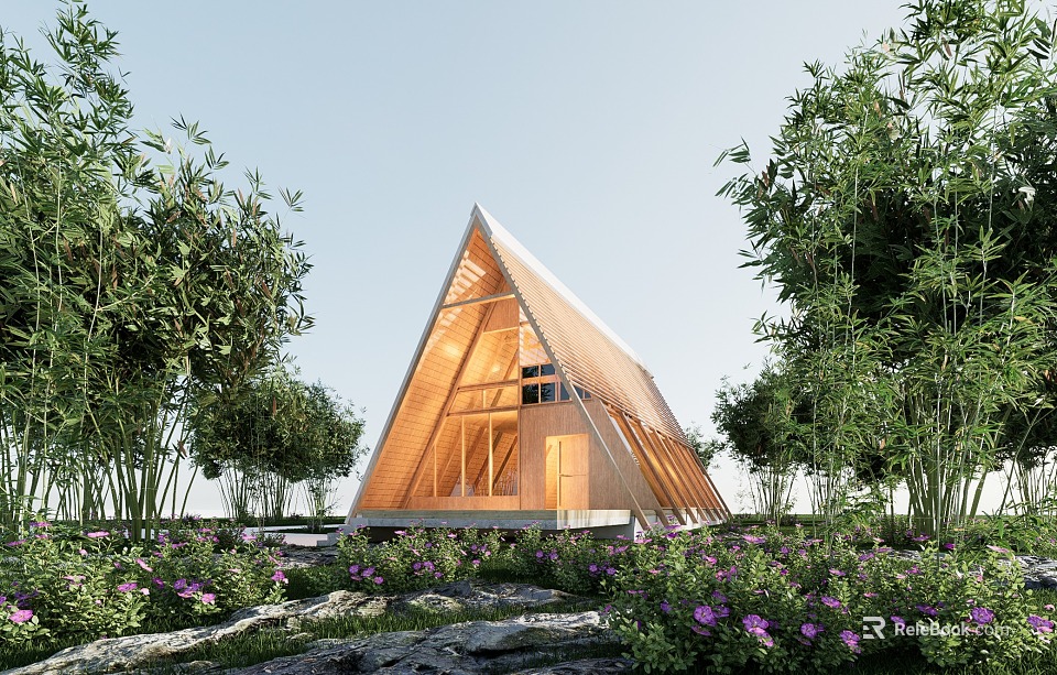 Modern Detached House With Triangular Roof Wooden Structure And Greenery Surroundings 3d model 