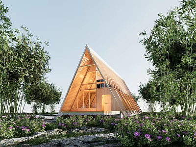 Modern Detached House With Triangular Roof Wooden Structure And Greenery Surroundings 3d model