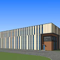 Modern Office Building With Horizontal Striped Facade Large Glass Windows And Brown Entrance