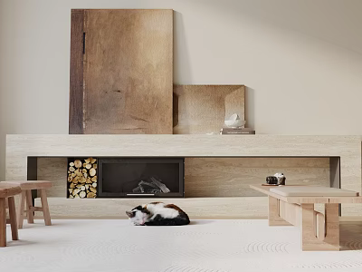 Wooden Stools In Minimalist Living Room With Fireplace 3d model