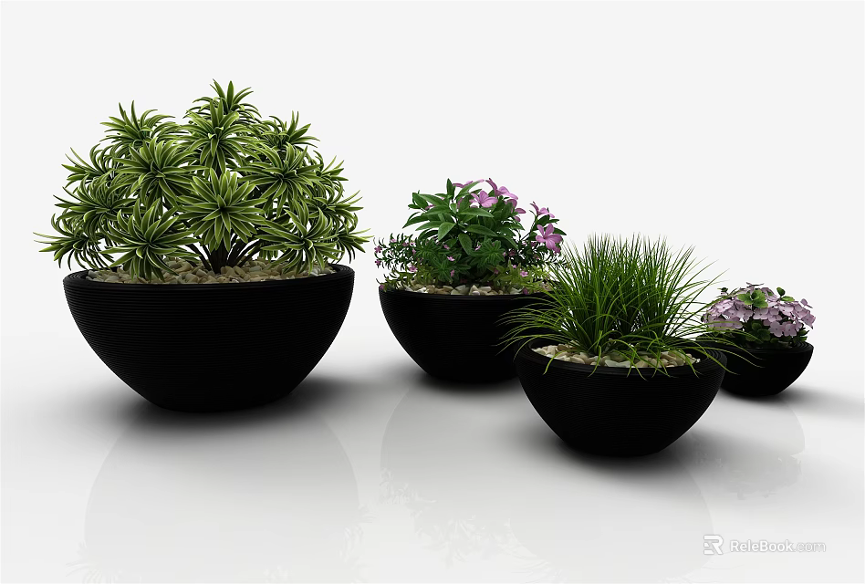 Stylish Bonsai Potted Plants with Green Leaves and Purple Flowers in Black Pots 3d model 