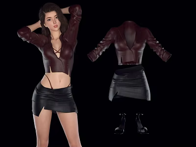 Woman Wearing Crimson Leather Top And Black Leather Skirt With Matching Boots 3d model
