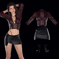 Woman Wearing Crimson Leather Top And Black Leather Skirt With Matching Boots