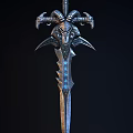 Mythic Sword With Metallic Hilt Skull Horns And Blue Glowing Blade In Dark Fantasy Setting