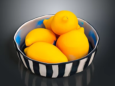Decorative Black And White Striped Bowl With Fresh Yellow Lemons In Kitchen 3d model