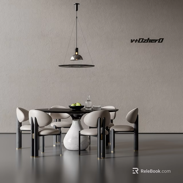 Modern Round Dining Table and Light Chairs with Hanging Pendant Light Fruit Bowl and Vase 3d model 