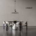 Modern Round Dining Table and Light Chairs with Hanging Pendant Light Fruit Bowl and Vase