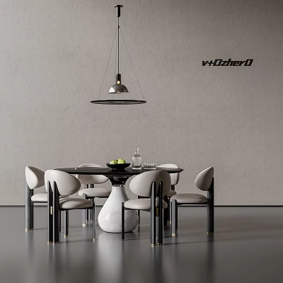Modern Round Dining Table and Light Chairs with Hanging Pendant Light Fruit Bowl and Vase 3d model