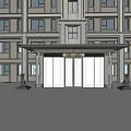 Modern Building Entrance Gate with Glass Doors Metal Frame Canopy Lighting Reflective Pavement and Trees