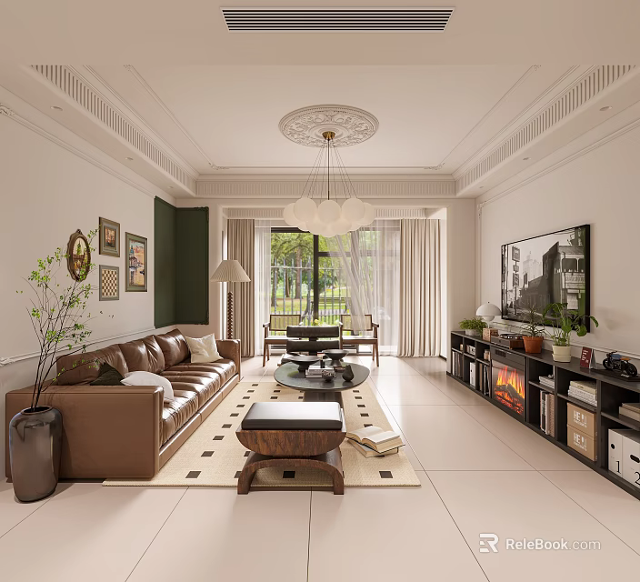 Elegant Living And Dining Room Interior With Brown Leather Sofa Fireplace Chandelier And Coffee Table 3d model 