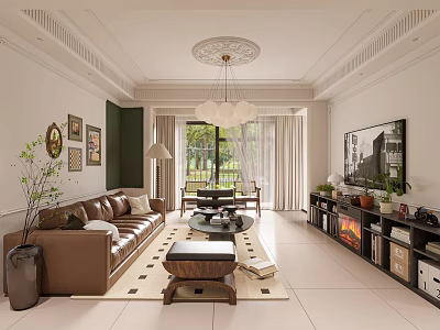 Elegant Living And Dining Room Interior With Brown Leather Sofa Fireplace Chandelier And Coffee Table 3d model