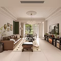 Elegant Living And Dining Room Interior With Brown Leather Sofa Fireplace Chandelier And Coffee Table