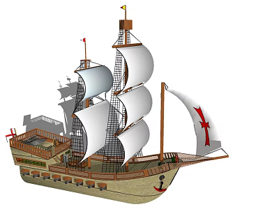 Vintage Sailing Ship With Multiple White Sails Wooden Hull And Red Cross Flags 3d model