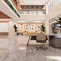 Modern Front Desk Reception Area With Marble Floor Large Screen Green Plants And Sofa
