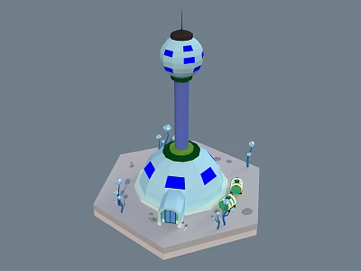Industrial Equipment Tower Structure With Blue White Spherical Top Hexagonal Base And Figures On Base 3d model