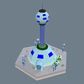 Industrial Equipment Tower Structure With Blue White Spherical Top Hexagonal Base And Figures On Base