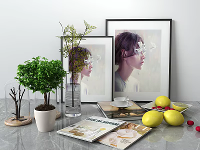 Open Magazines On Marble Tabletop With Lemons Small Potted Plant And Framed Artwork 3d model