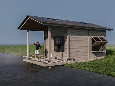 Wooden House With Solar Panel Roof And Wooden Deck By Waterfront 3d model