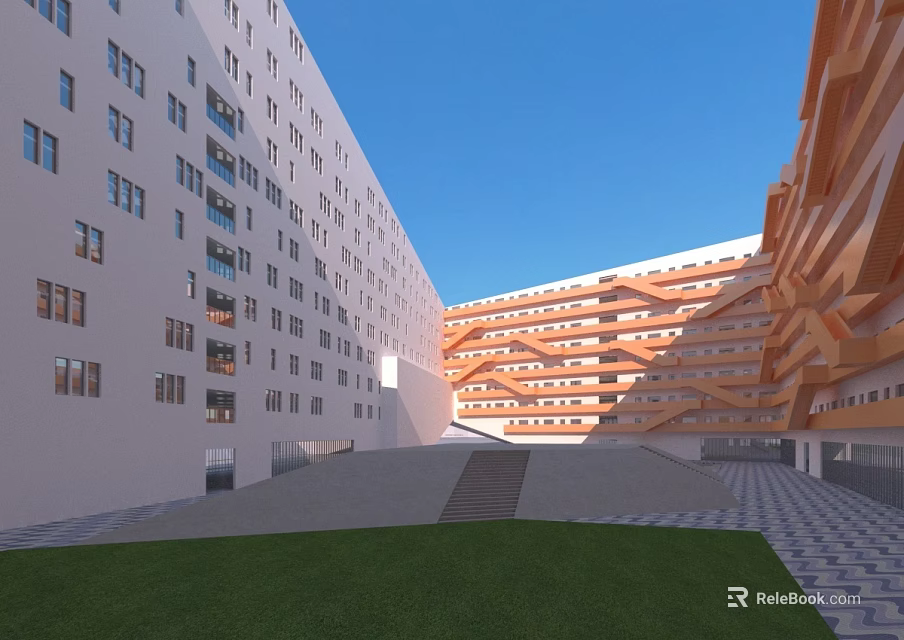 Modern Office Complex With Geometric White Orange Facades Central Courtyard Green Lawn And Blue Sky 3d model 