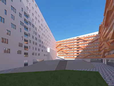 Modern Office Complex With Geometric White Orange Facades Central Courtyard Green Lawn And Blue Sky 3d model