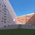 Modern Office Complex With Geometric White Orange Facades Central Courtyard Green Lawn And Blue Sky