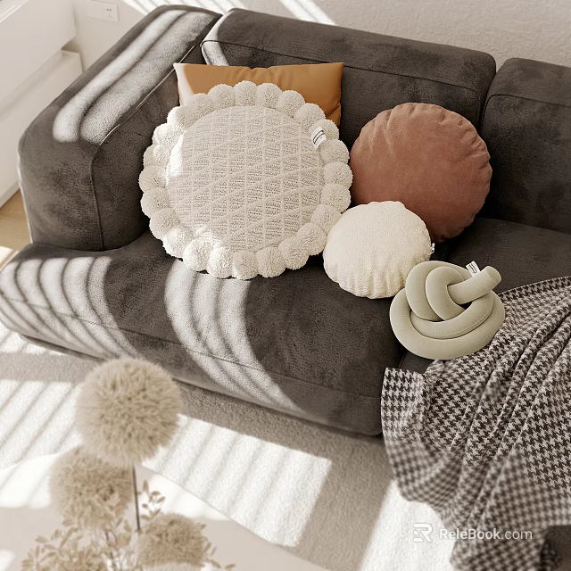Round Plush And Knitted Pillows In White Brown Gray On Gray Sofa With Lace Trim 3d model 
