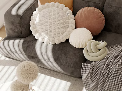 Round Plush And Knitted Pillows In White Brown Gray On Gray Sofa With Lace Trim 3d model